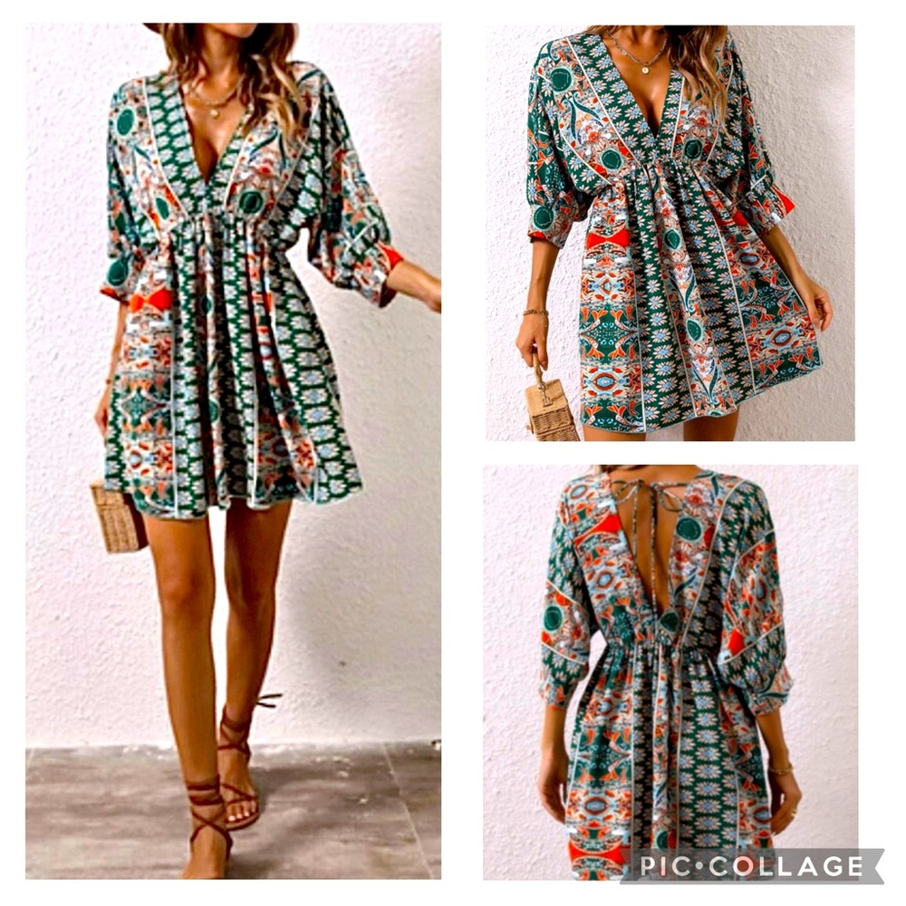 SHEIN Boho Printed Deep V-Neck Tie Back Adjustable Tie Waist Dress